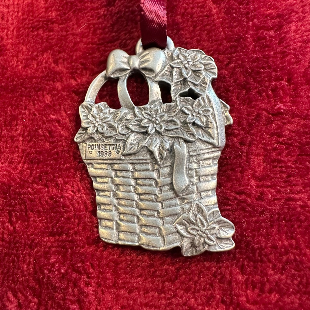 Longaberger 1995 Poinsettia Basket Pewter Christmas Ornament Vintage Silver Tone